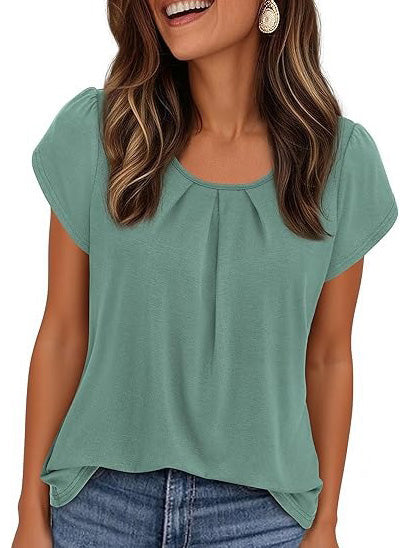 Coralie Pleated Neck Short-Sleeve Top