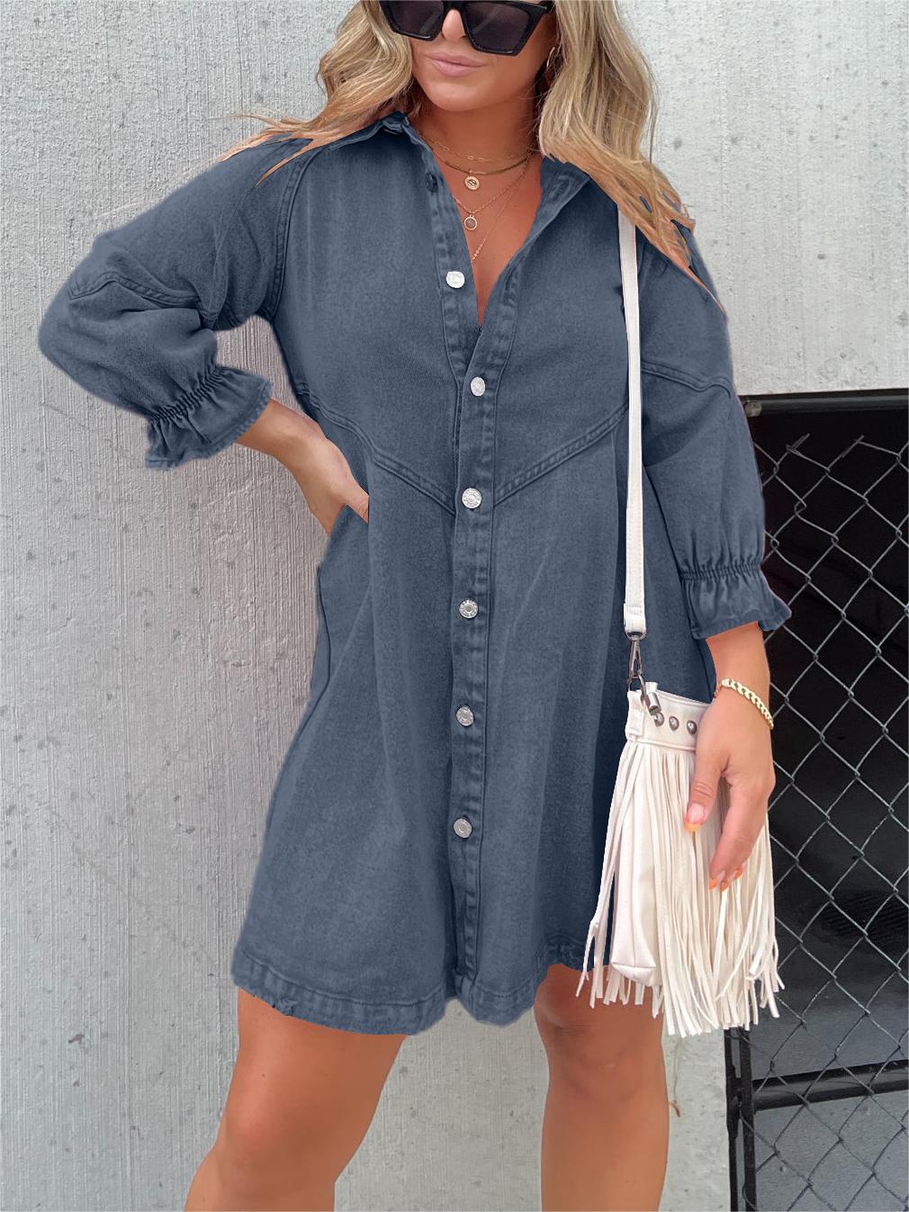 Colette Button Denim Bubble Sleeve Dress