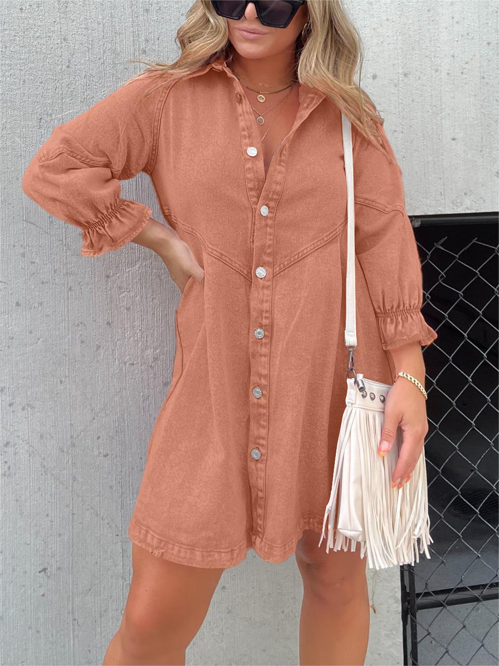 Colette Button Denim Bubble Sleeve Dress