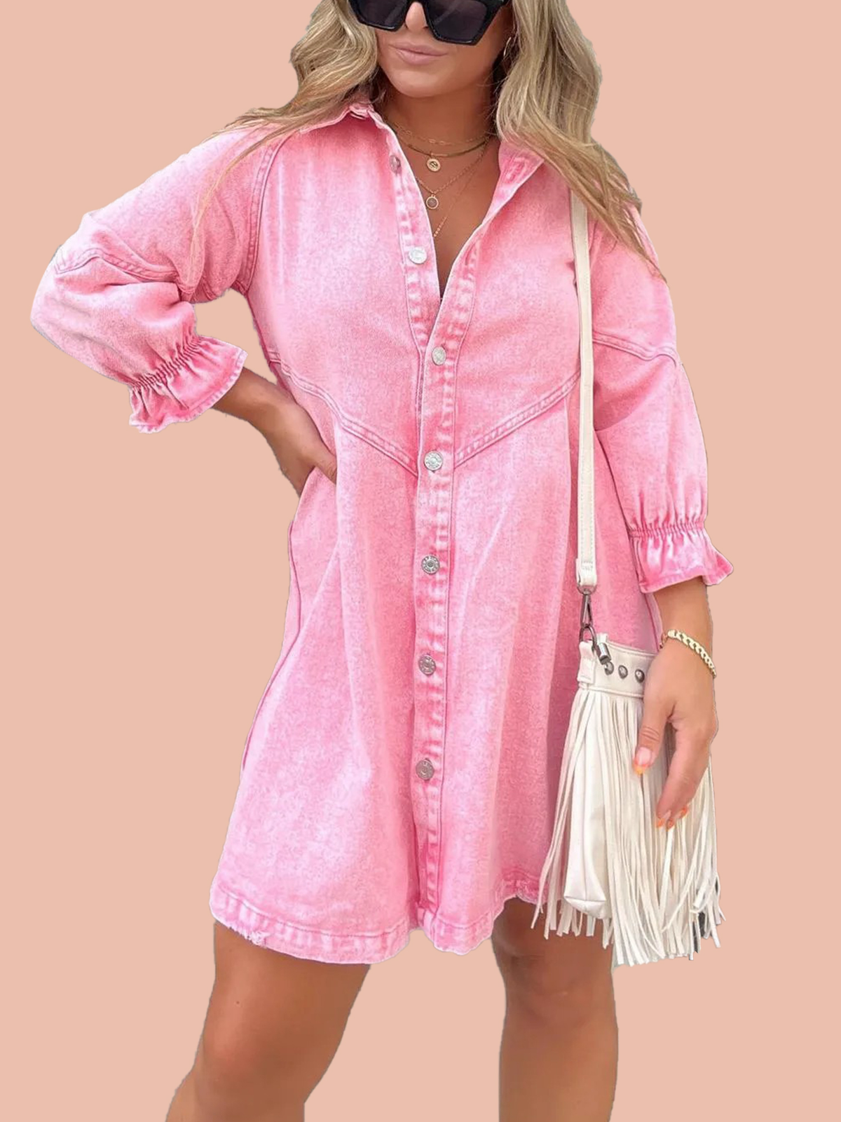 Colette Button Denim Bubble Sleeve Dress