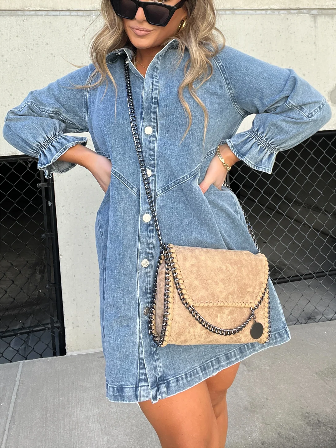 Colette Button Denim Bubble Sleeve Dress