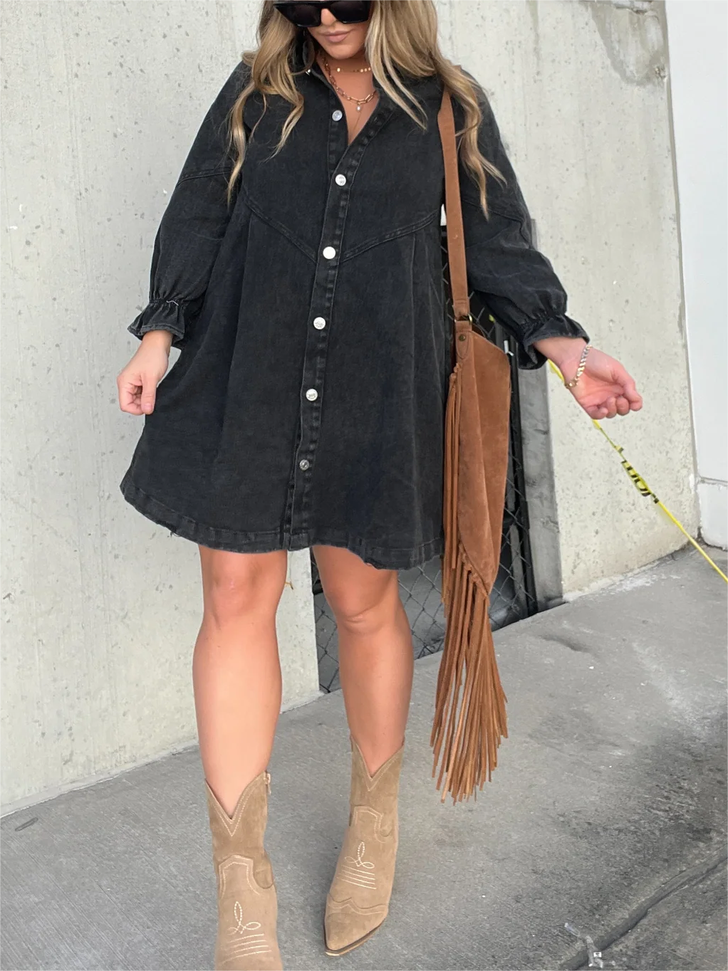 Isla Washed Denim Puff Sleeve Dress