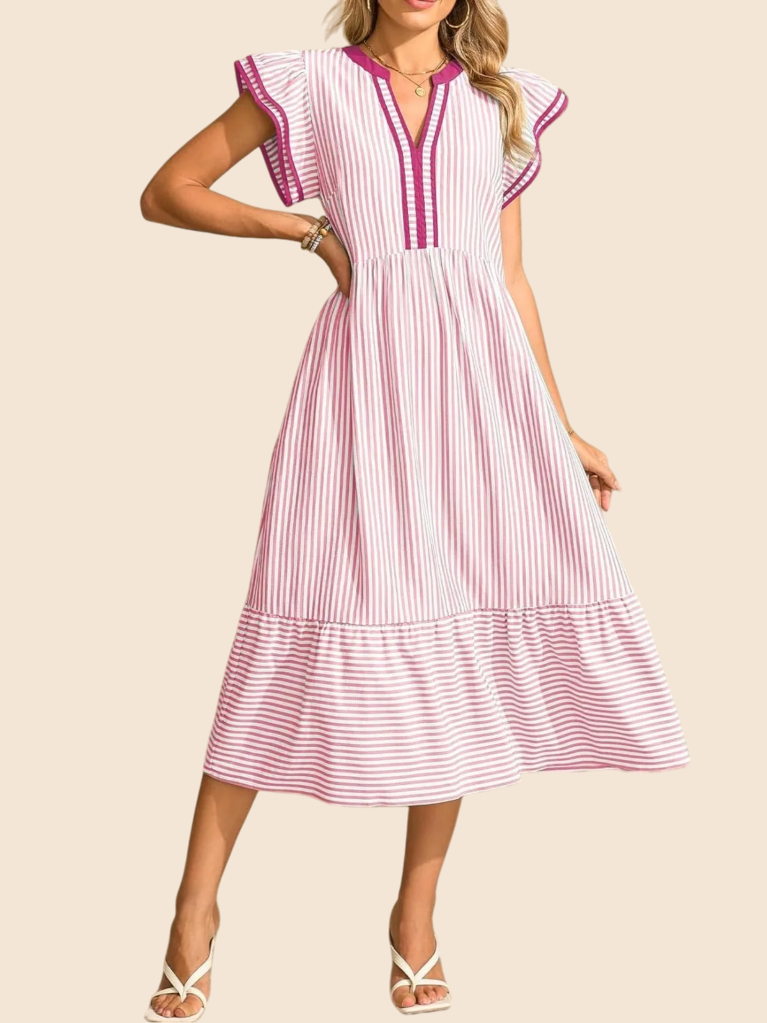 Lisette Striped Flutter Sleeve Maxi Dress