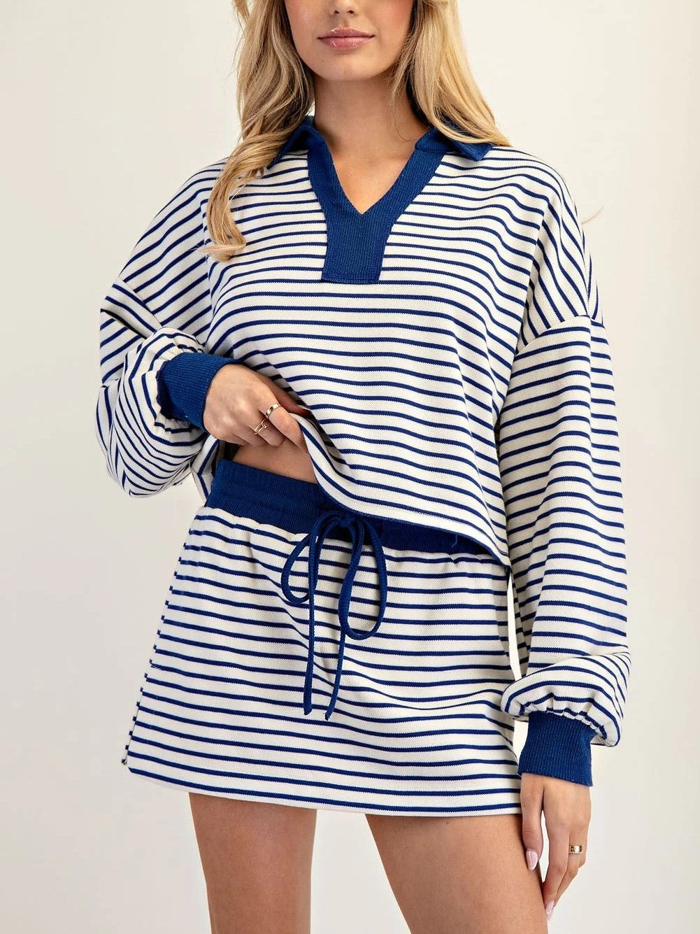 Gabrielle Striped Collar Top & Shorts Set