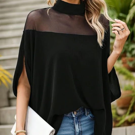 Delphine High-Neck Sheer Panel Blouse