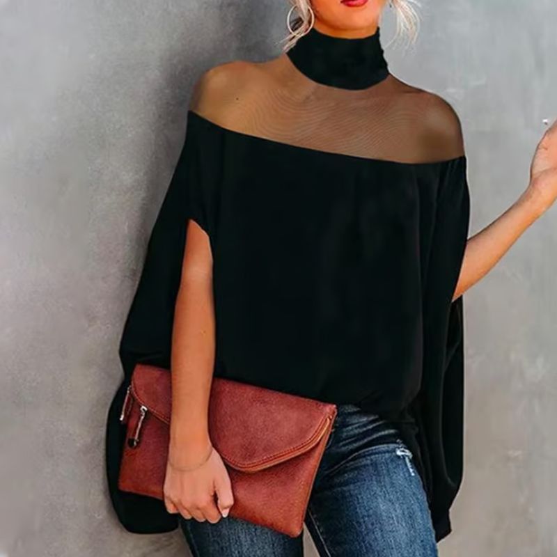 Delphine High-Neck Sheer Panel Blouse